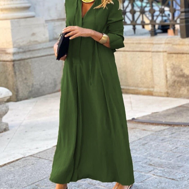 Robe Maxi Élégante à Col en V avec Cordon de Serrage | Tenue Modeste Contemporaine (MS121)