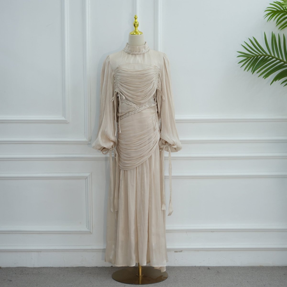 Robe Maxi à Col Tressé, Fronces et Franges (MS406)