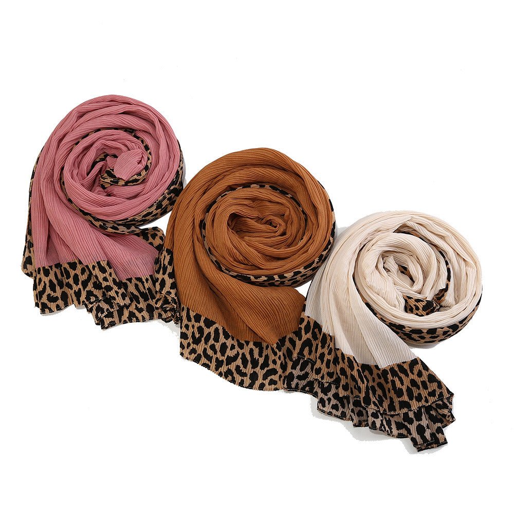 Foulard Hijab Crinkle Uni Orné d'un Motif Léopard (MH181)