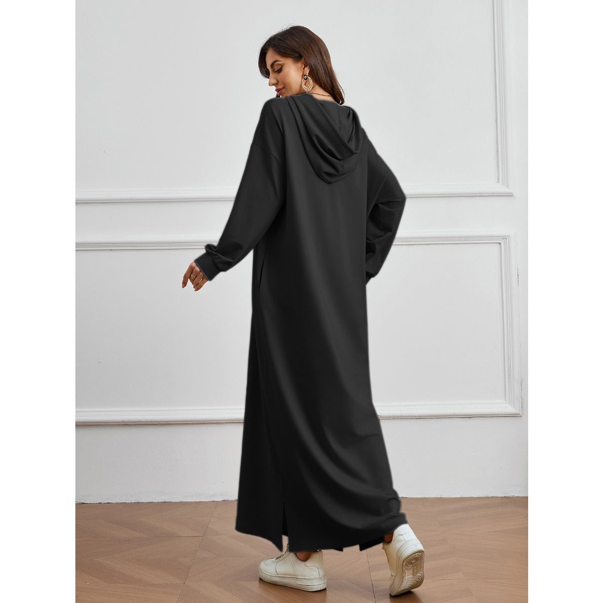 Robe Décontractée à Capuche avec Poche, Couleur Unie - Robe d'Intérieur Pudique à Manches Longues avec Capuche à Cordon (MA282)