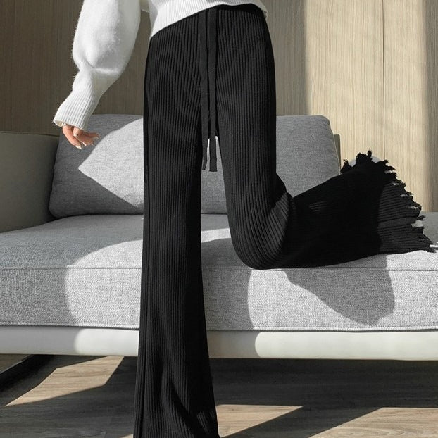Pantalon large en maille côtelée effet effiloché | Pantalon évasé taille haute à cordon de serrage (MS164)