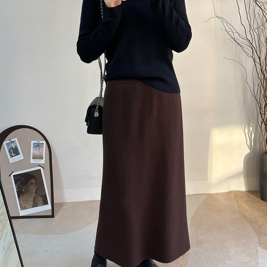 Jupe midi polaire hiver | Jupe en maille chaude taille haute avec fente latérale (MS207)