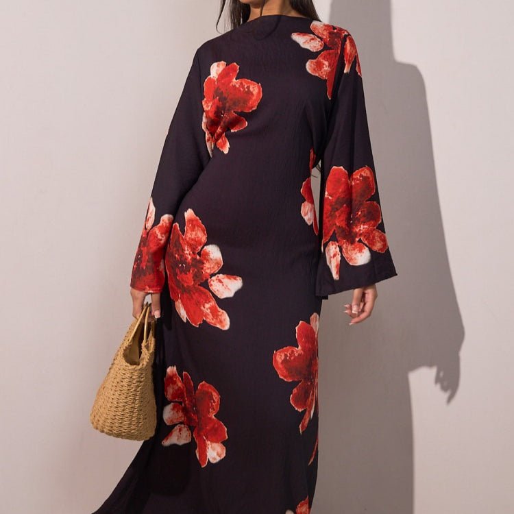 Robe Abaya Maxi à Manches Cloche Imprimé Floral (MA214)