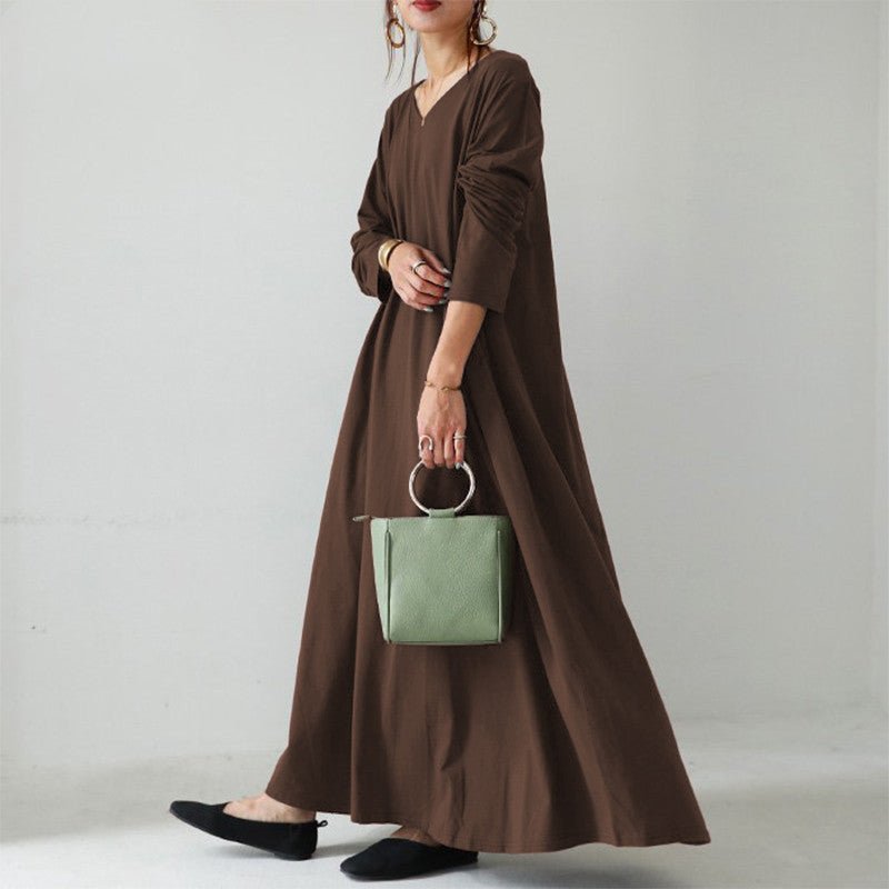 Robe Maxi Élégante à Col en V et Manches Longues | Robe Ample avec Poches Cachées(MA314)