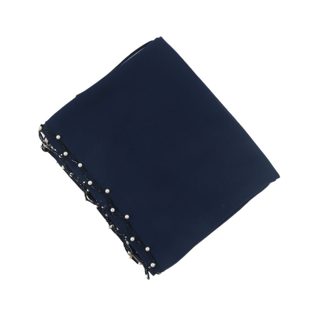 Hijab en Chiffon Uni avec Bordure Perlée Délicate, Vague Ornée de Perles (MH139)