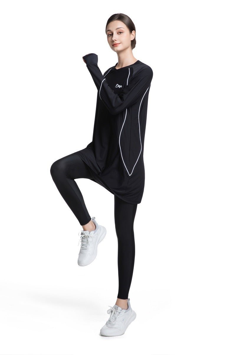 Haut de sport modeste à manches longues pour femme, séchage rapide | Tunique athlétique en polyester pour yoga, lignes épurées (MS114)