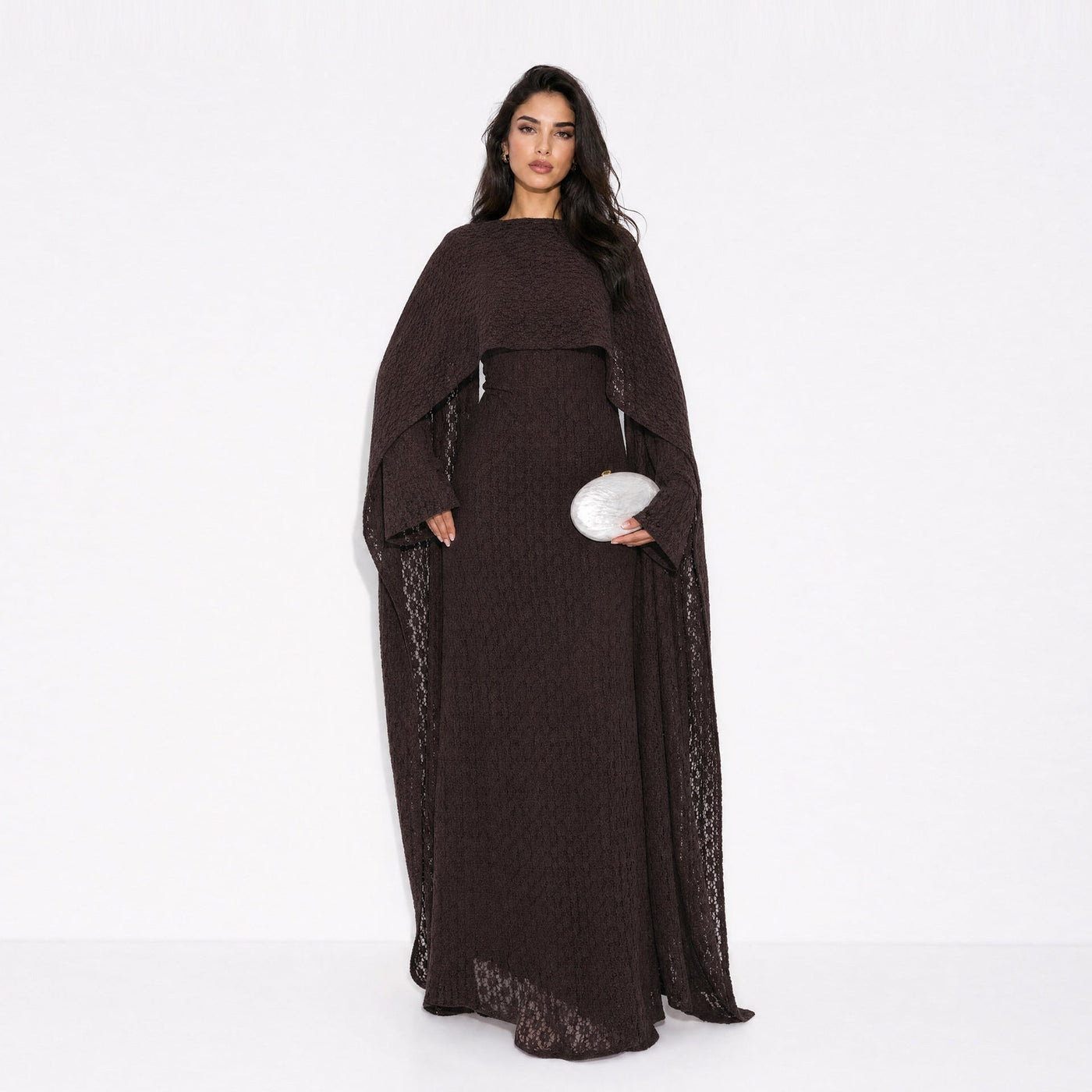 Robe Maxi Doublée à Manches Cape et Dentelle Florale Texturée (MS519)