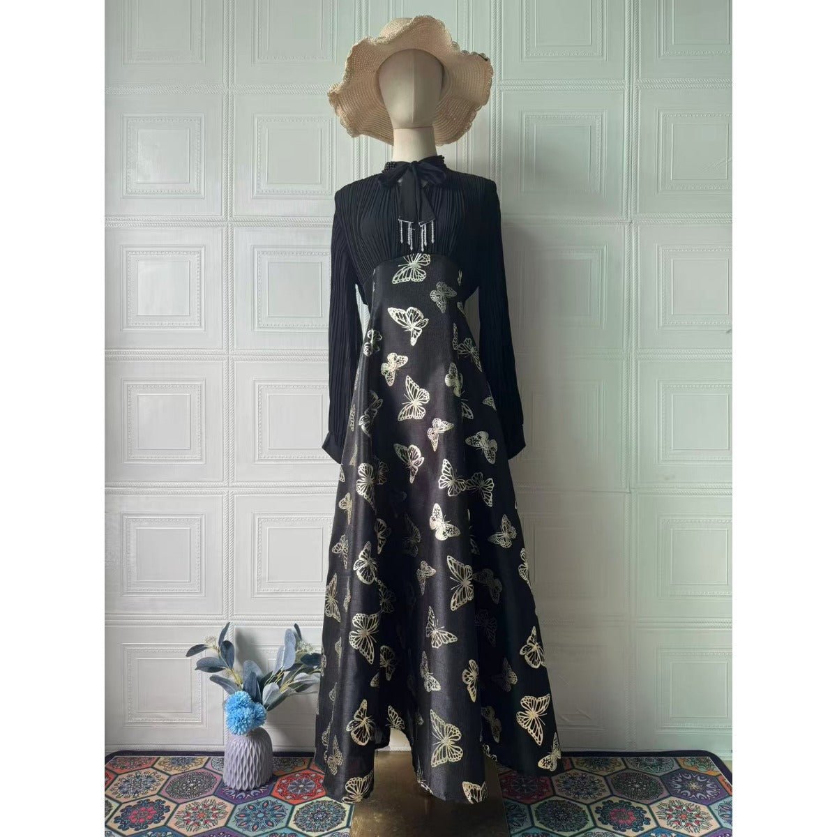 Robe Maxi Élégante à Manches Longues, Abaya à Motif Papillon / Robe Longue (MA219)