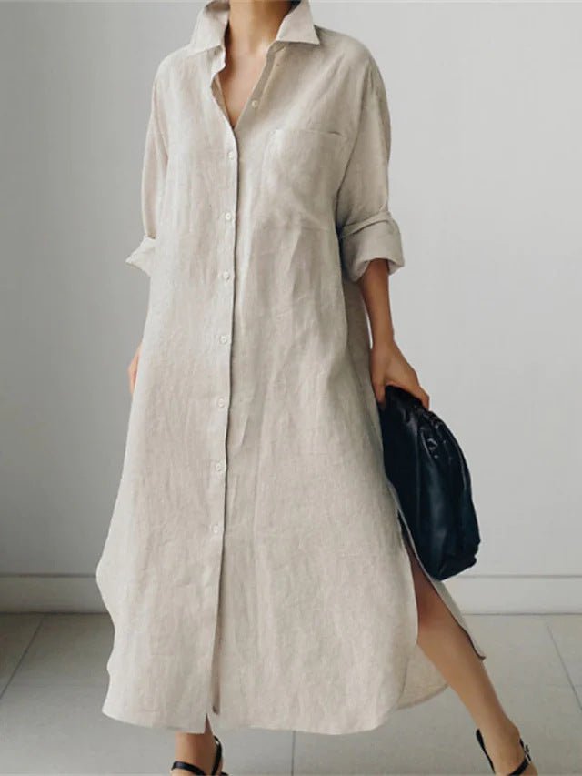 Robe-chemise décontractée et élégante en lin mélangé pour musulmanes | Maxi robe modeste boutonnée devant avec fentes latérales (MS096)
