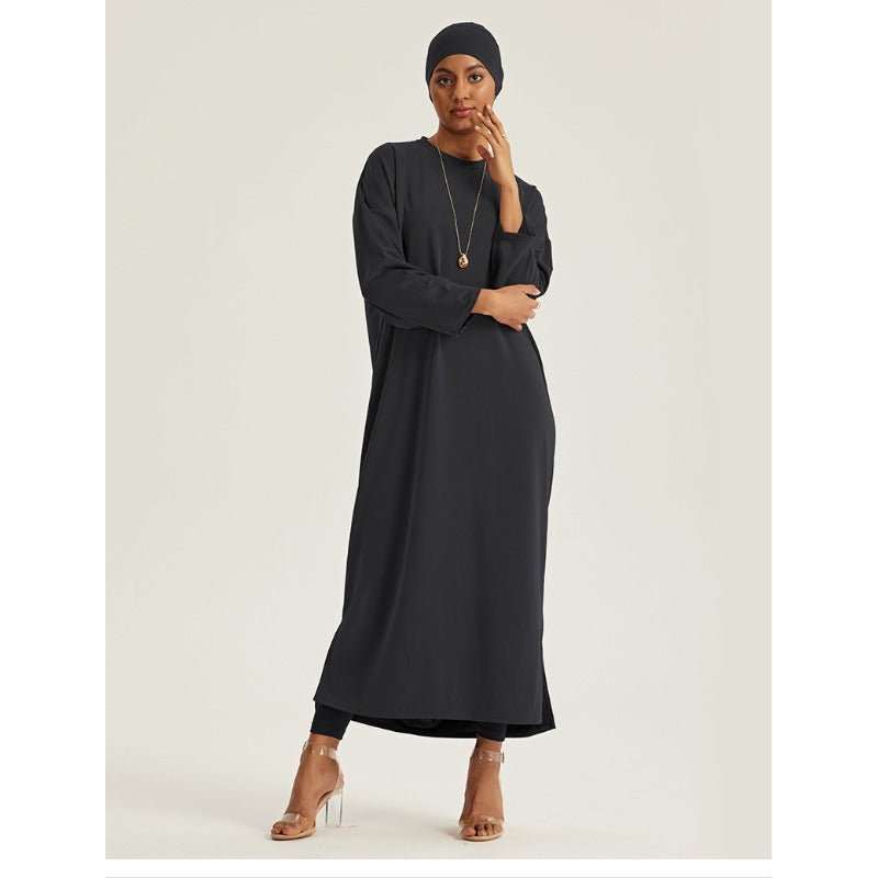 Robe Maxi à Épaules Tombantes et Col Rond - Abaya Modeste Unie avec Fentes Latérales (MA309)