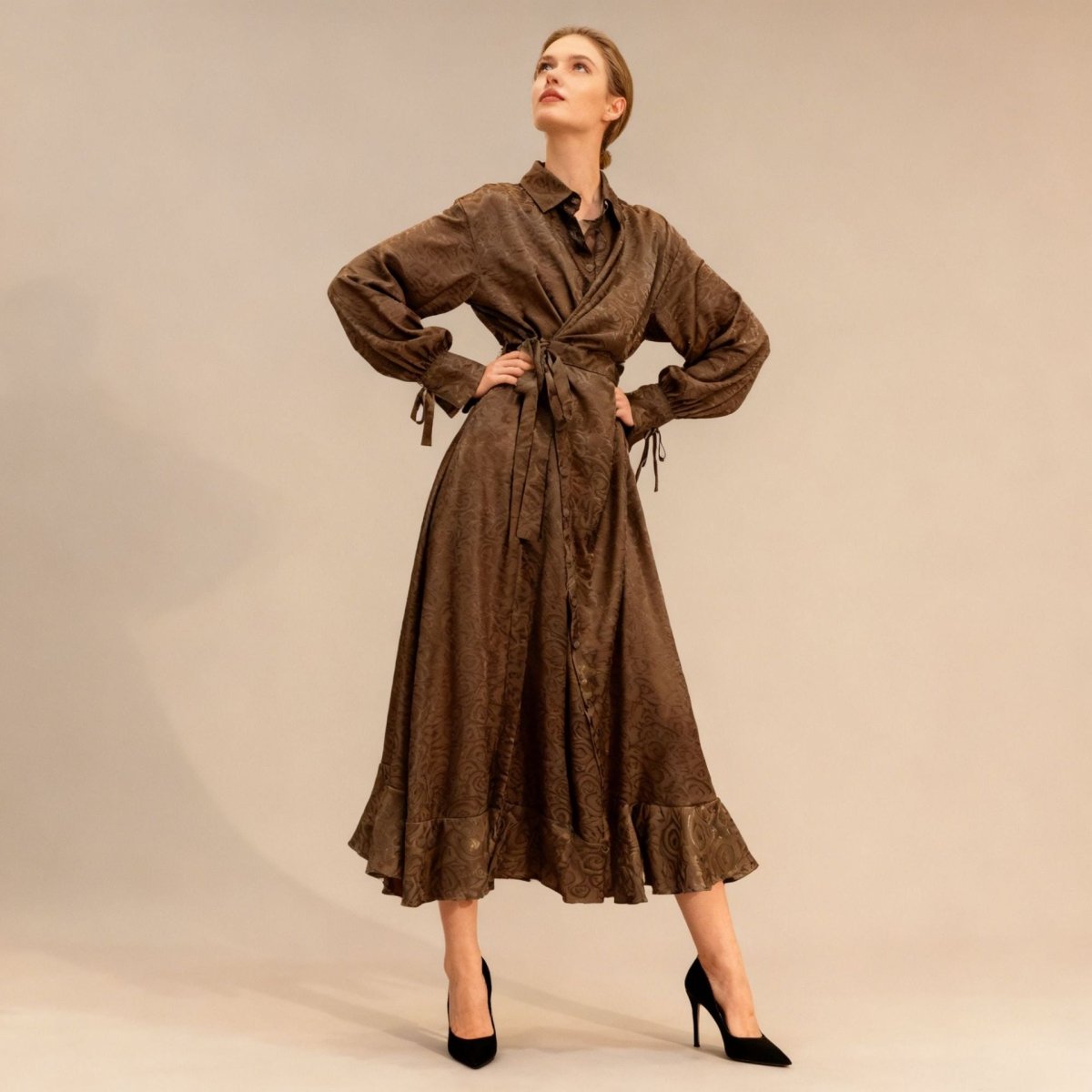 Robe Portefeuille en Jacquard Floral | Robe Maxi à Col et Manches Nouées (MS257)