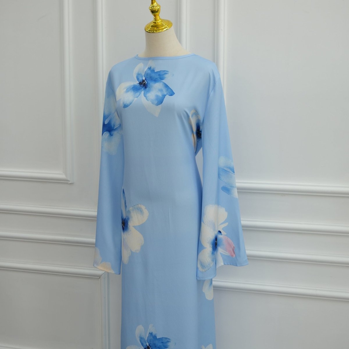 Robe Maxi à Manches Larges en Crinkle Délavé Floral Aquarelle (MS473)