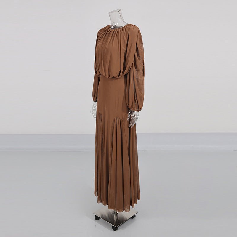 Robe longue col rond, bustier drapé et manches lanterne (MS402)