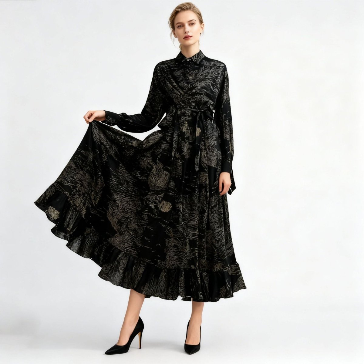 Robe Portefeuille en Jacquard Floral | Robe Maxi à Col et Manches Nouées (MS257)