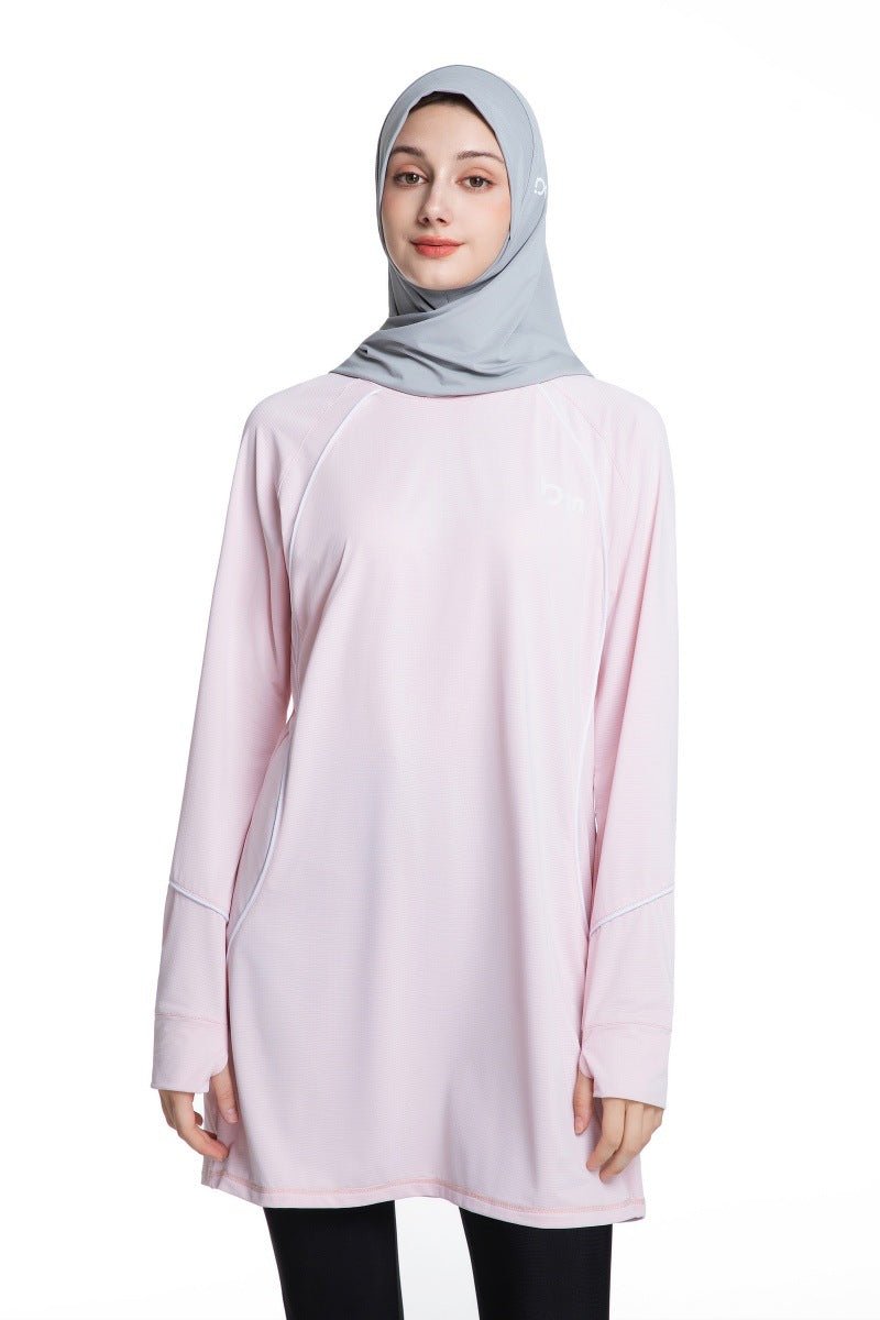 Haut de sport modeste à manches longues pour femme, séchage rapide | Tunique athlétique en polyester pour yoga, lignes épurées (MS114)