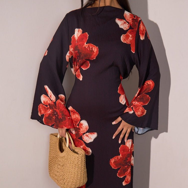 Robe Abaya Maxi à Manches Cloche Imprimé Floral (MA214)