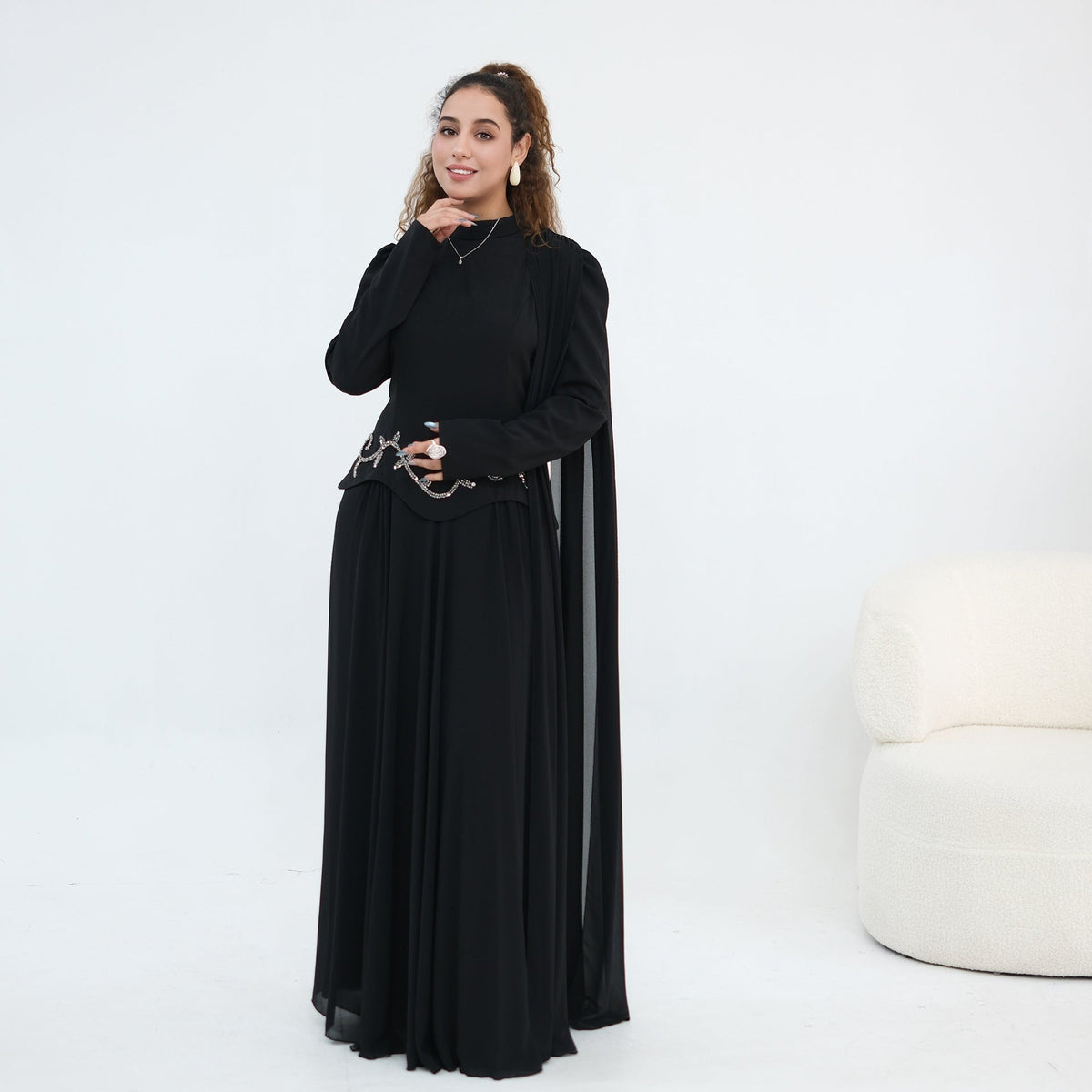 Robe Maxi Cape Sleeve à Taille Perlée(MS499)