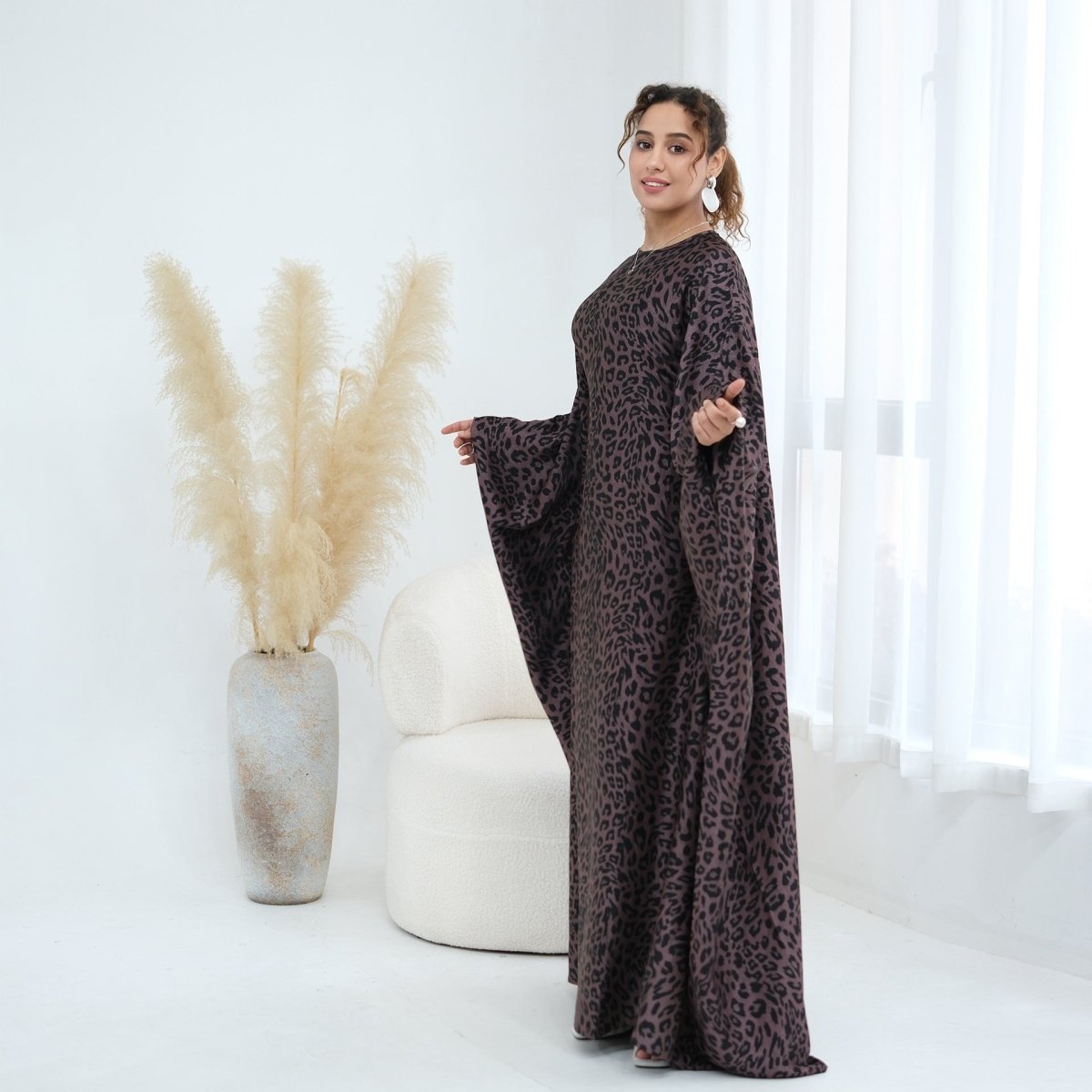 Robe Maxi Imprimé Léopard à Manches Chauve-Souris (MA450)