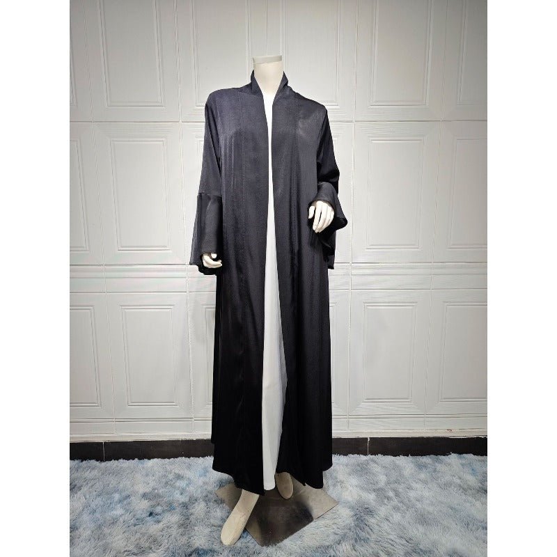 Robe Abaya Unie en Satin Doux Ouverte Devant à Manches Feuille de Lotus | Cache-Abaya Modeste Léger (MOA220)