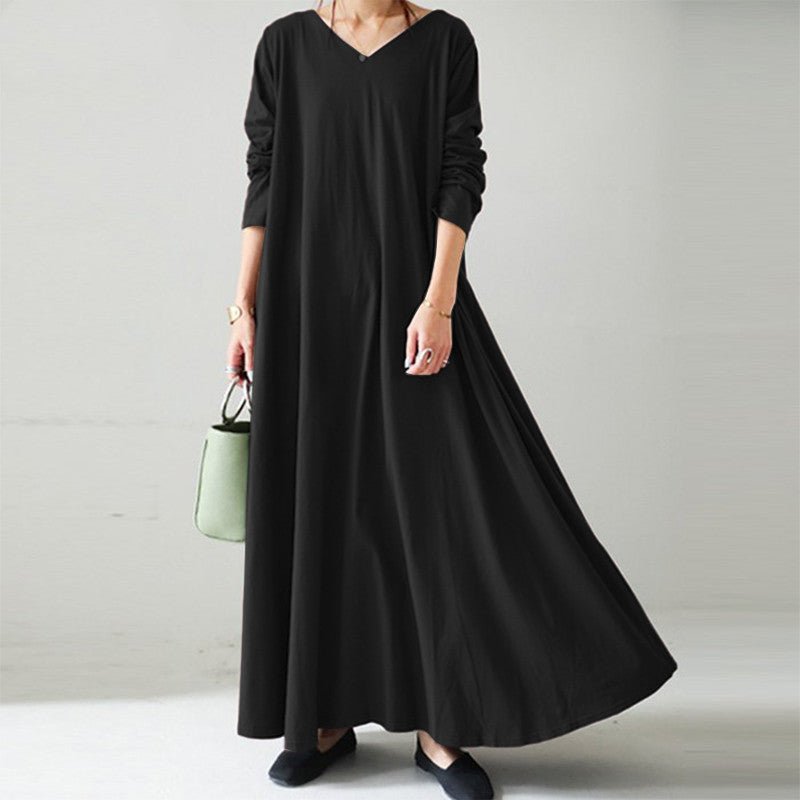 Robe Maxi Élégante à Col en V et Manches Longues | Robe Ample avec Poches Cachées(MA314)