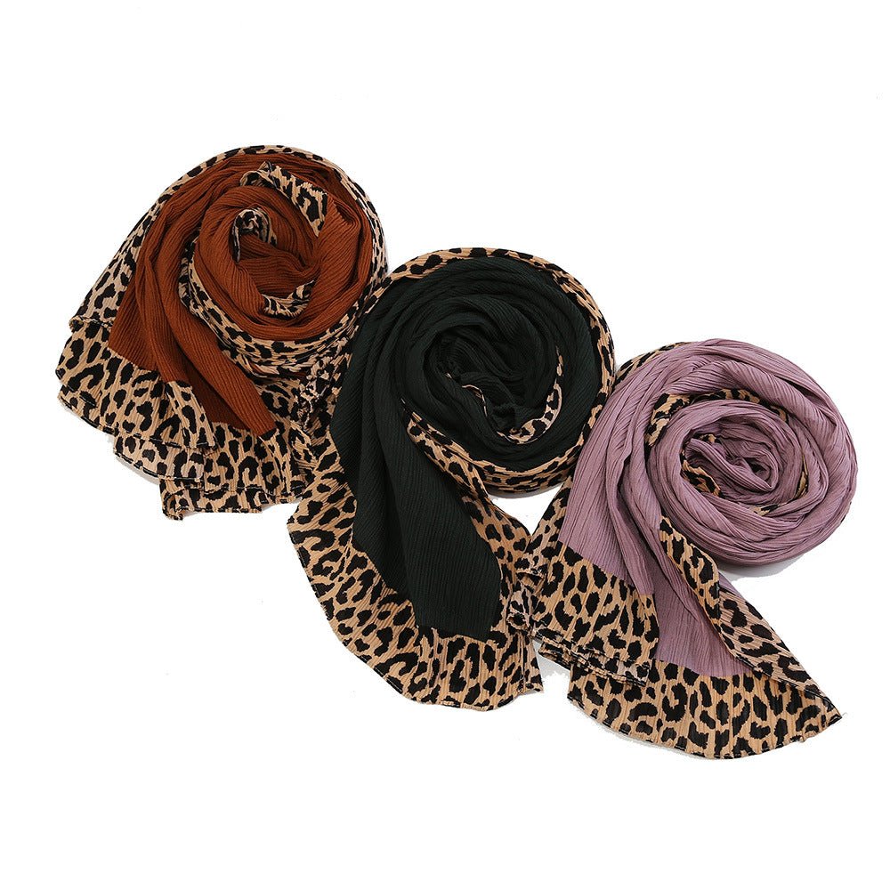 Foulard Hijab Crinkle Uni Orné d'un Motif Léopard (MH181)