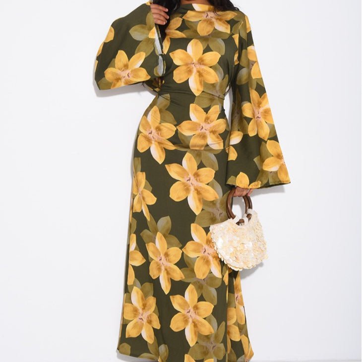 Robe Maxi Froissée Délavée à Imprimé Floral (MS437)