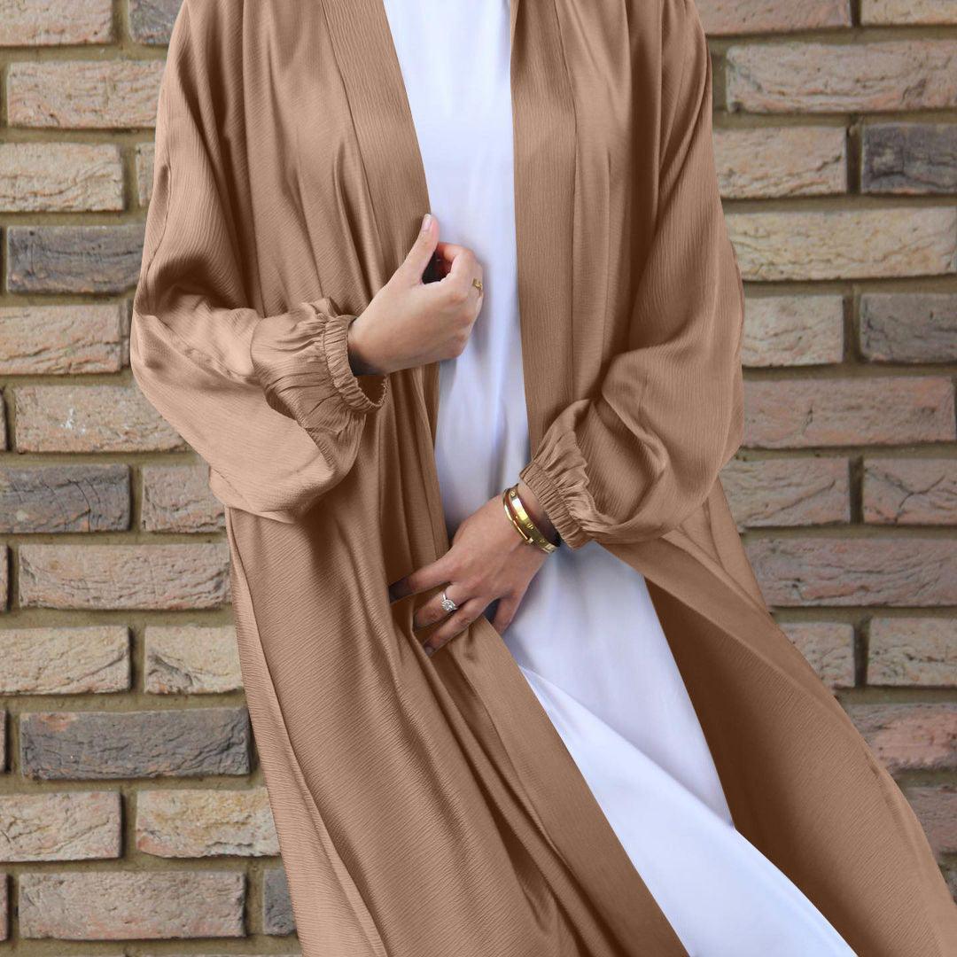 Abaya Ouverte en Satin à Manches Froncées (MOA048)