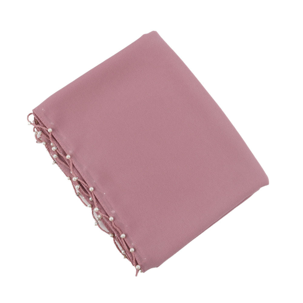 Hijab en Chiffon Uni avec Bordure Perlée Délicate, Vague Ornée de Perles (MH139)