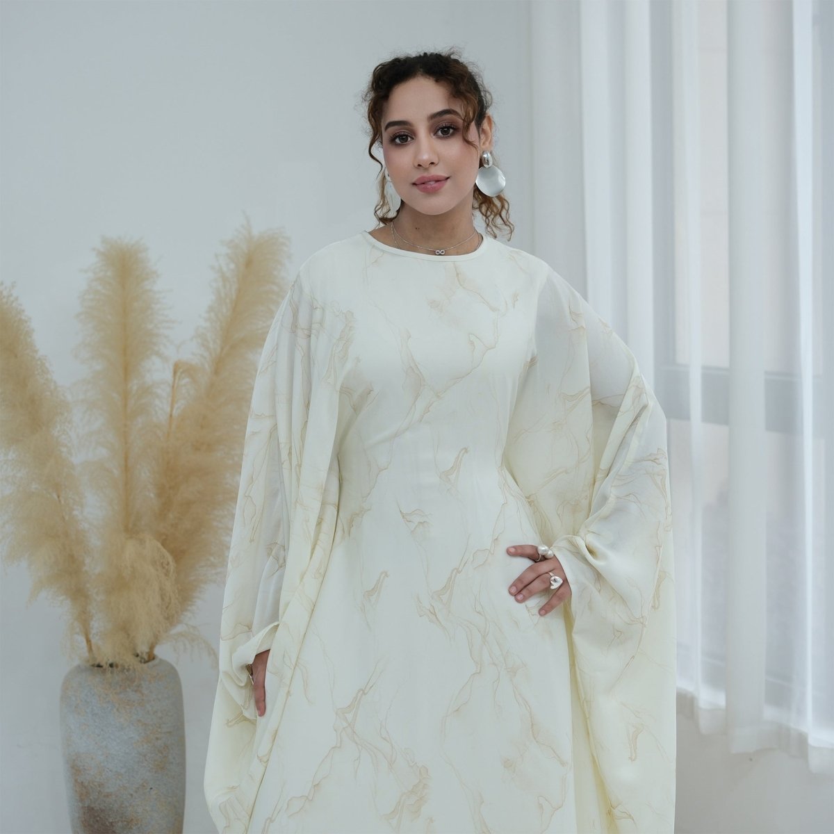 Robe Longue Imprimée à Manches Chauve-Souris (MA446)