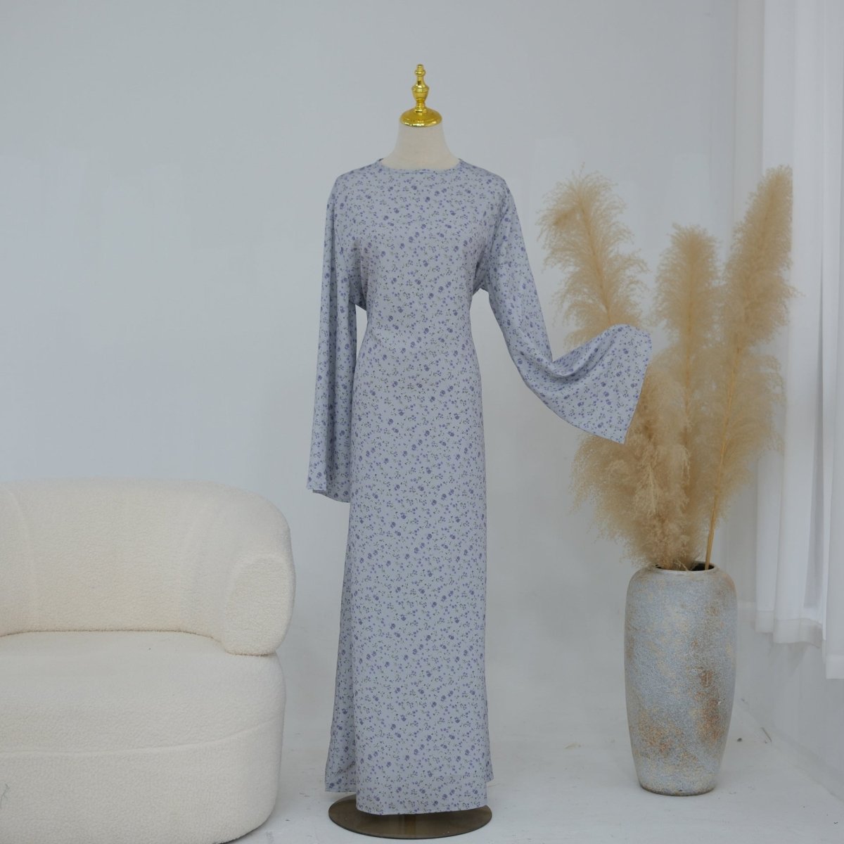 Robe Maxi à Manches Évasées et Motif Floral (MS490)
