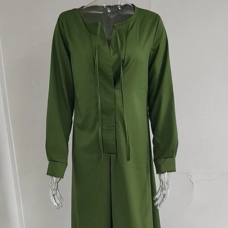 Robe Maxi Élégante à Col en V avec Cordon de Serrage | Tenue Modeste Contemporaine (MS121)