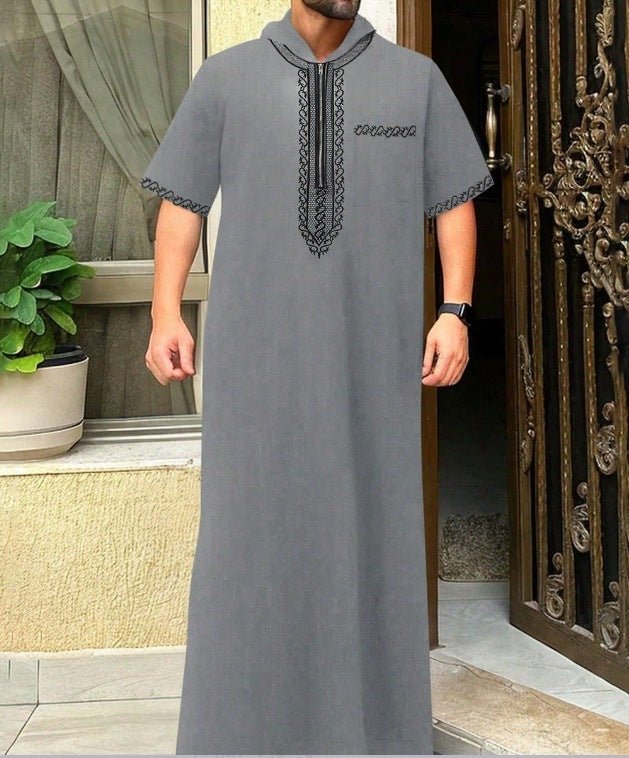 Thobe imprimé numérique 3D à rayures, respirant, coupe ample pour homme, manches courtes, robe musulmane avec col en V (MT033)