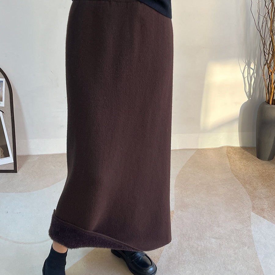 Jupe midi polaire hiver | Jupe en maille chaude taille haute avec fente latérale (MS207)