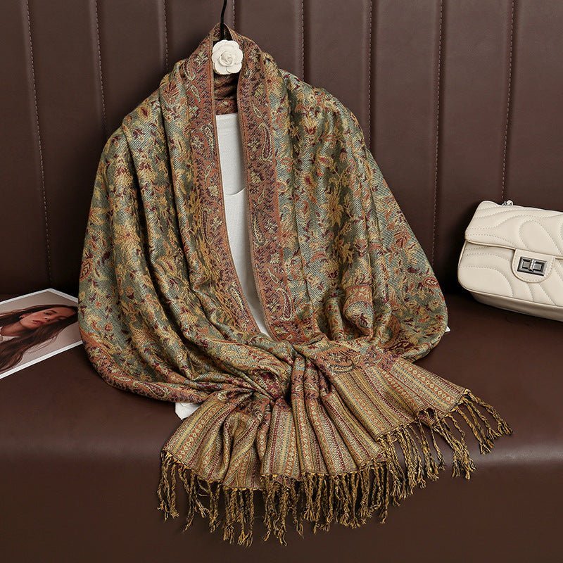 Hijab Vintage Shawl à Motif Fleur de Cajou avec Pompons (MH101)
