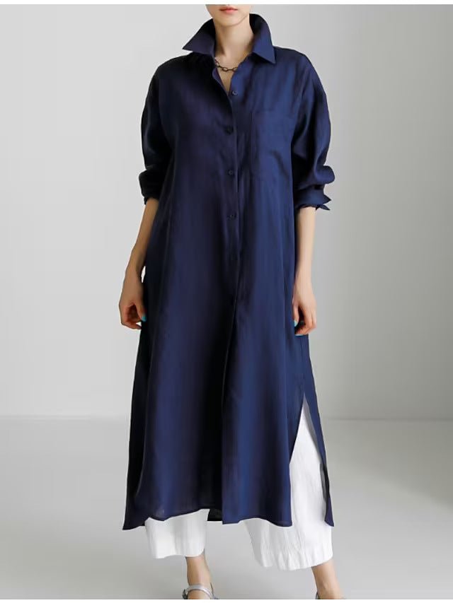 Robe-chemise décontractée et élégante en lin mélangé pour musulmanes | Maxi robe modeste boutonnée devant avec fentes latérales (MS096)