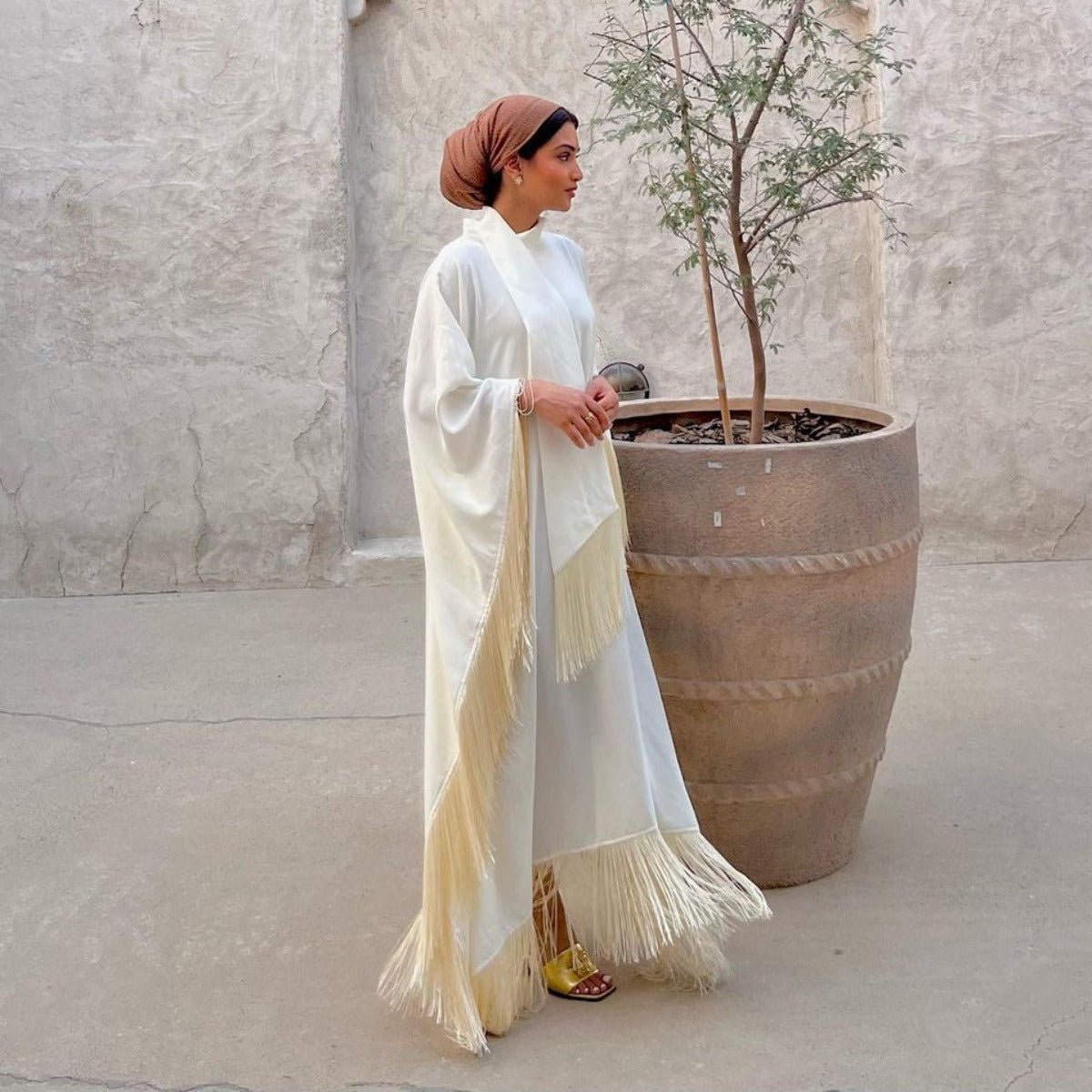 Kaftan Manches Chauve-Souris à Pompons | Robe de Soirée avec Détails Frangés Fluides (MA288)