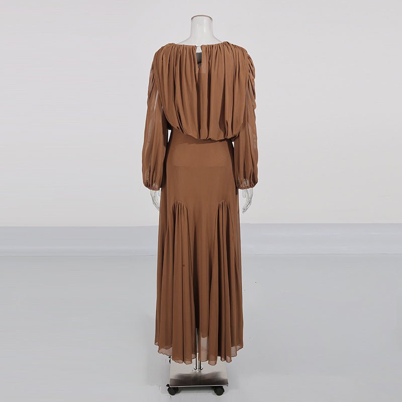 Robe longue col rond, bustier drapé et manches lanterne (MS402)