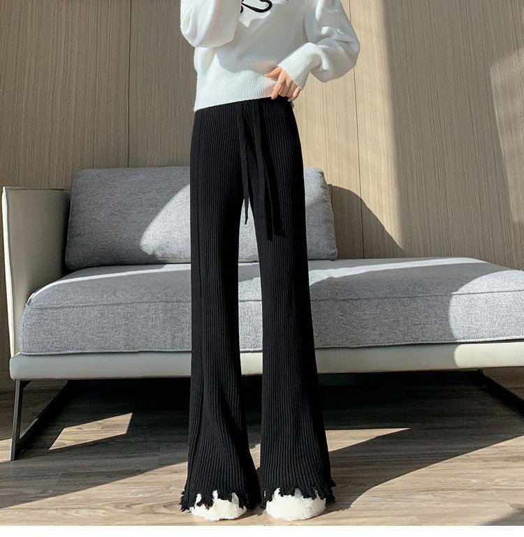 Pantalon large en maille côtelée effet effiloché | Pantalon évasé taille haute à cordon de serrage (MS164)