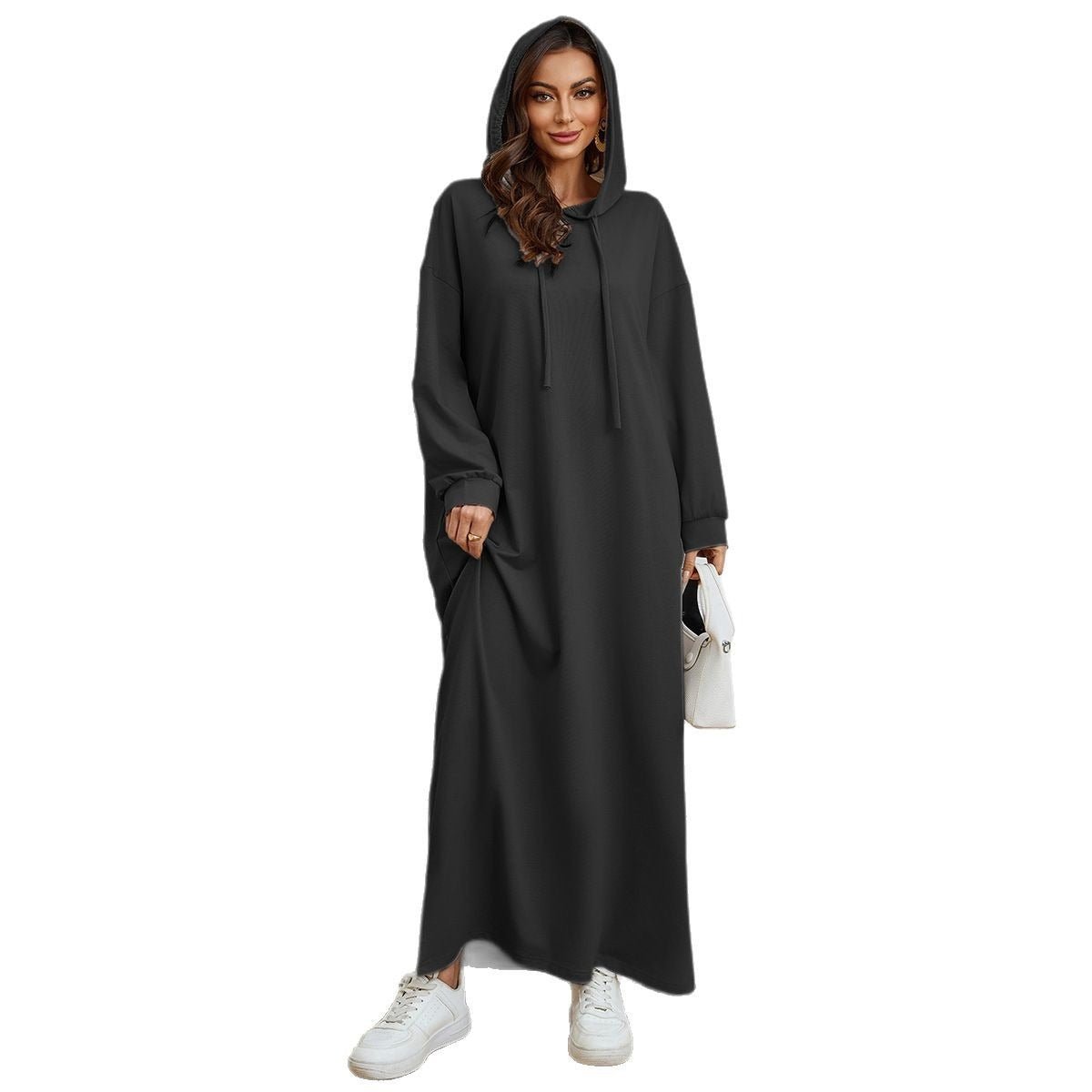 Robe Décontractée à Capuche avec Poche, Couleur Unie - Robe d'Intérieur Pudique à Manches Longues avec Capuche à Cordon (MA282)