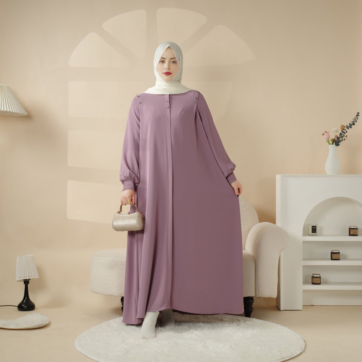 Abaya pull avec bouton à l'épaule coloris macaron (MA083)