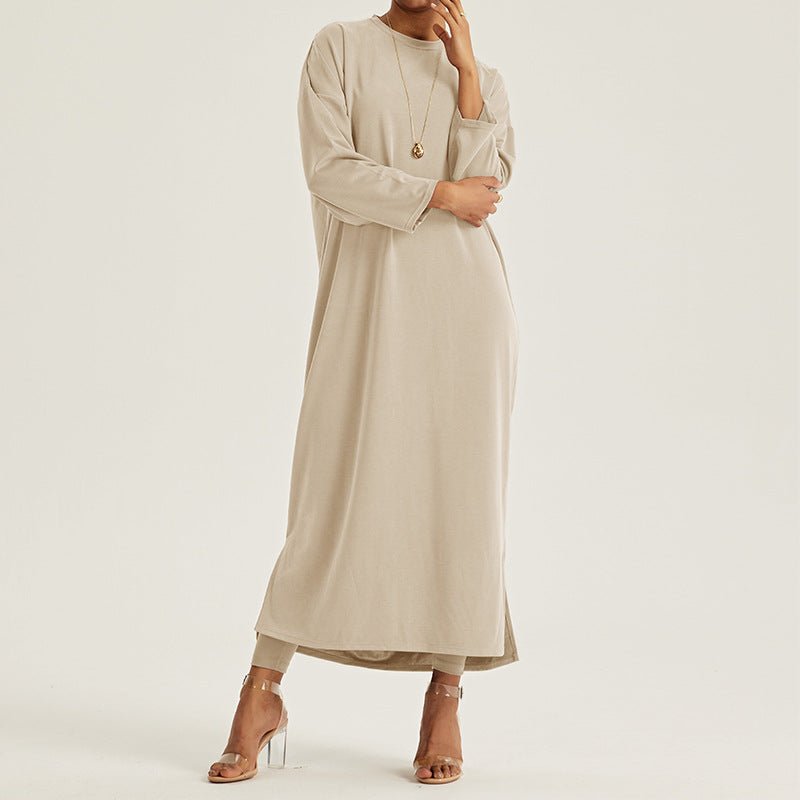 Robe Maxi à Épaules Tombantes et Col Rond - Abaya Modeste Unie avec Fentes Latérales (MA309)