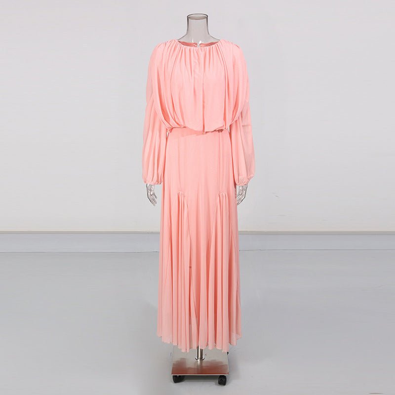 Robe longue col rond, bustier drapé et manches lanterne (MS402)
