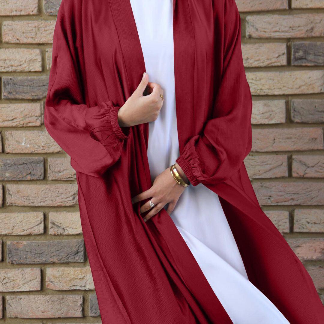 Abaya Ouverte en Satin à Manches Froncées (MOA048)