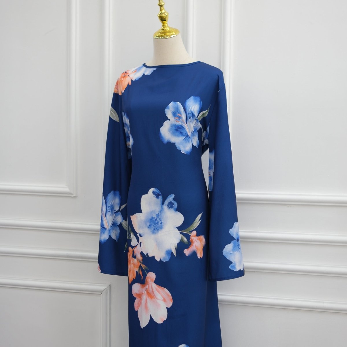 Robe Maxi à Manches Larges en Crinkle Délavé Floral Aquarelle (MS473)