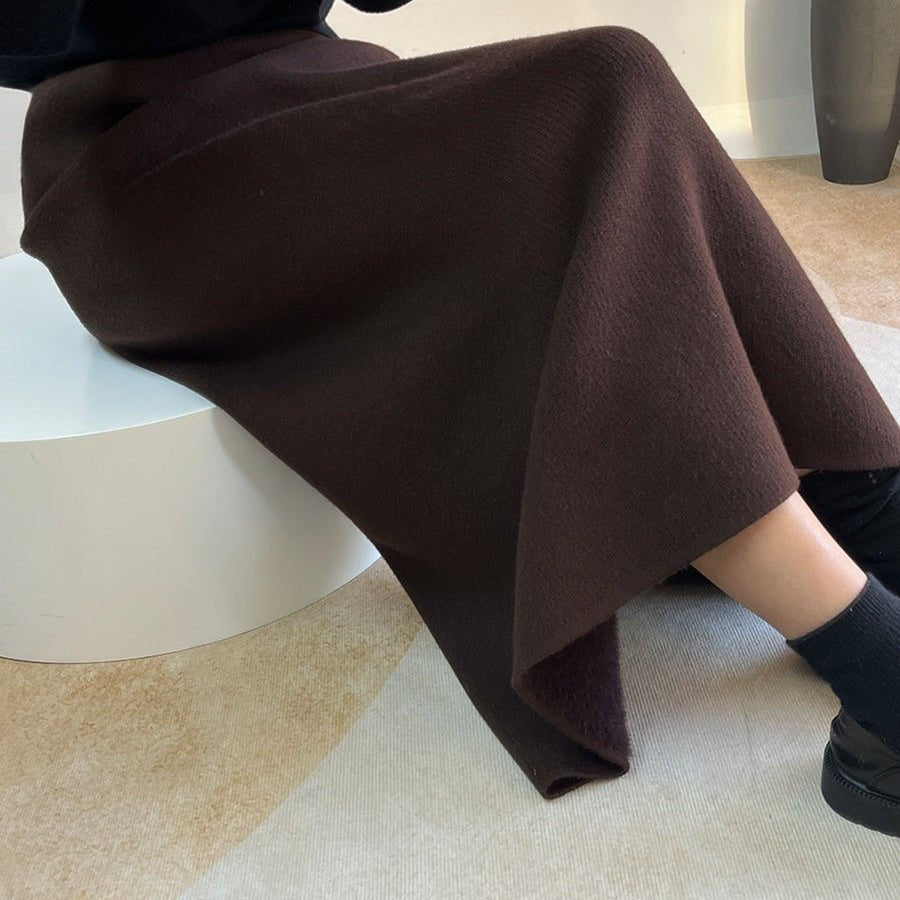 Jupe midi polaire hiver | Jupe en maille chaude taille haute avec fente latérale (MS207)