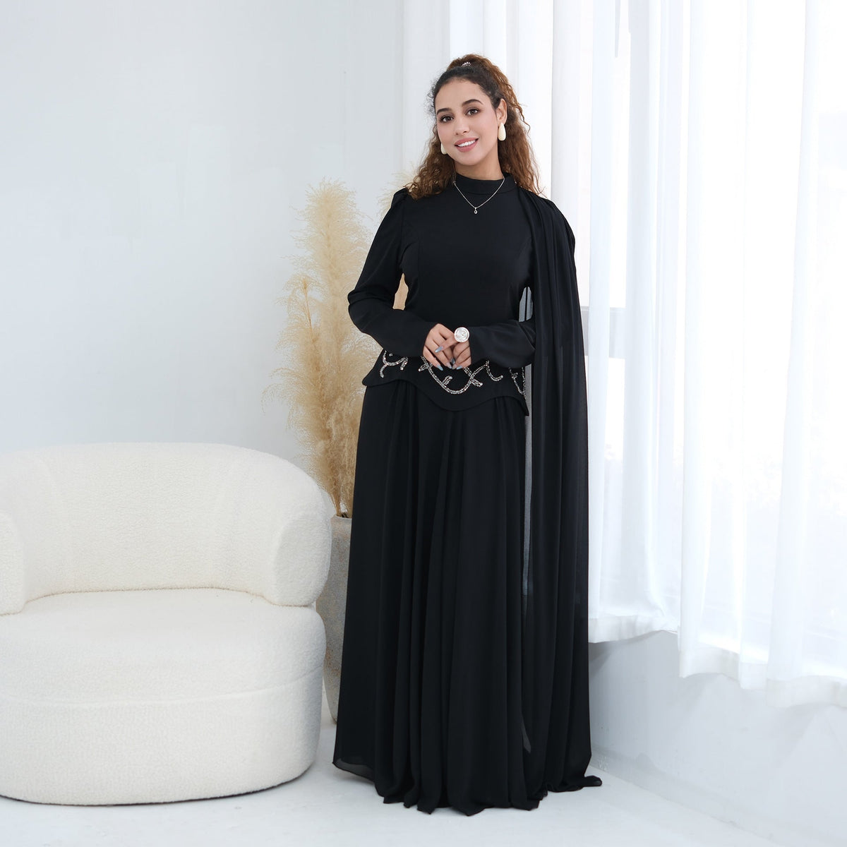 Robe Maxi Cape Sleeve à Taille Perlée(MS499)