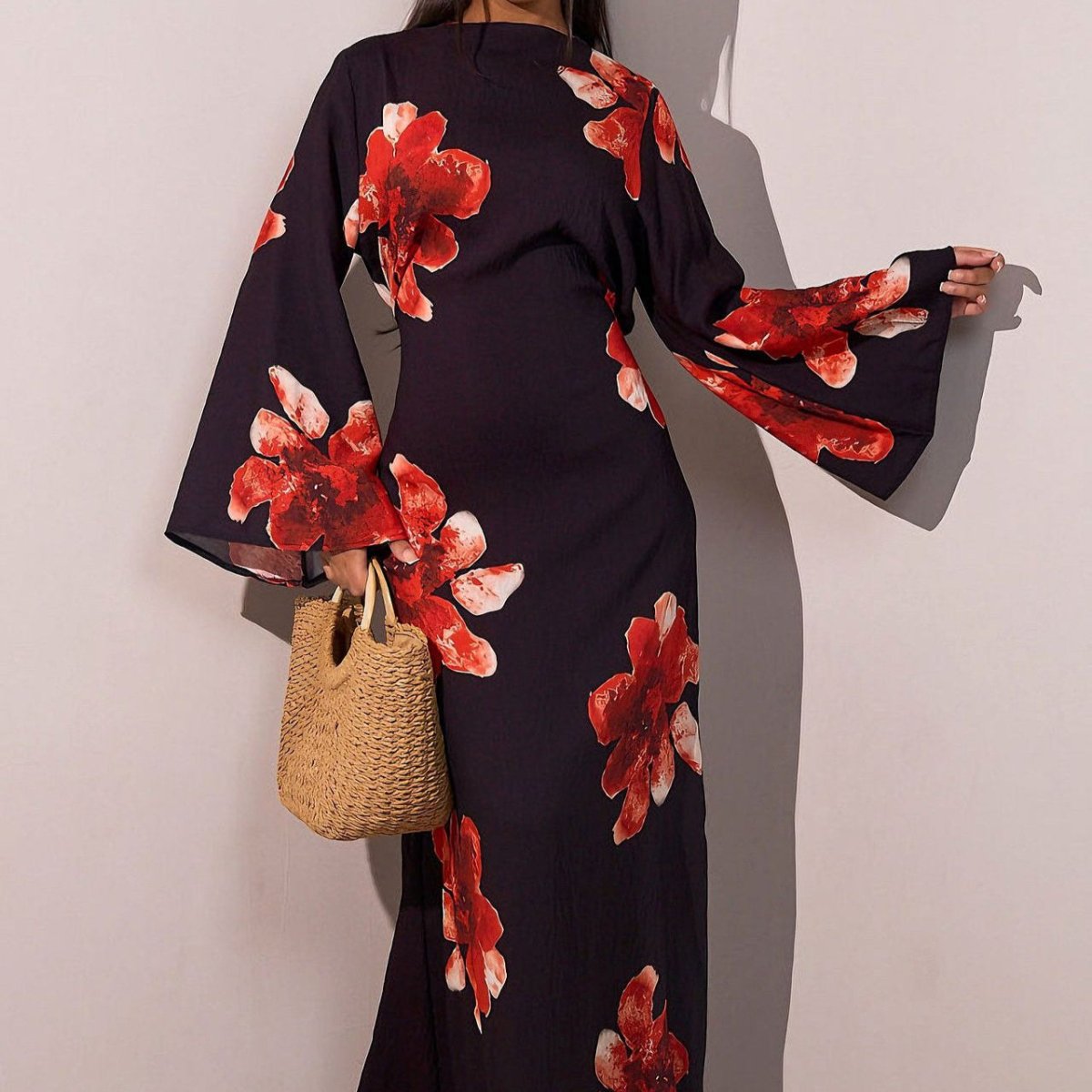 Robe Abaya Maxi à Manches Cloche Imprimé Floral (MA214)