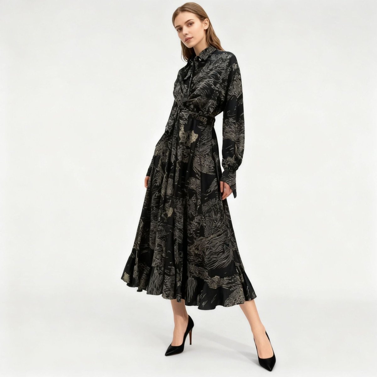 Robe Portefeuille en Jacquard Floral | Robe Maxi à Col et Manches Nouées (MS257)