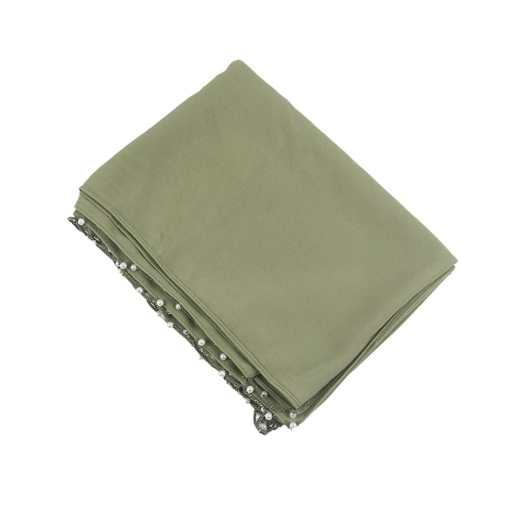 Hijab en Chiffon Uni avec Bordure Perlée Délicate, Vague Ornée de Perles (MH139)