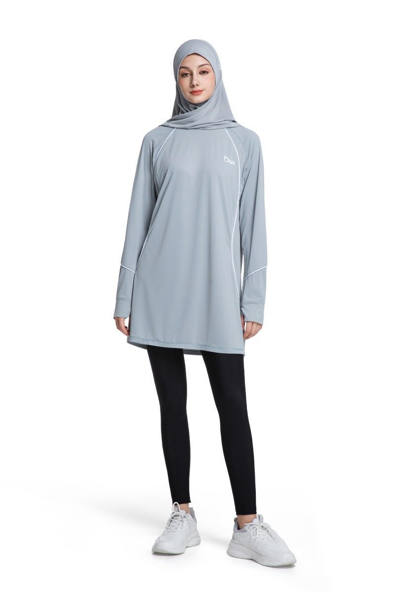 Haut de sport modeste à manches longues pour femme, séchage rapide | Tunique athlétique en polyester pour yoga, lignes épurées (MS114)